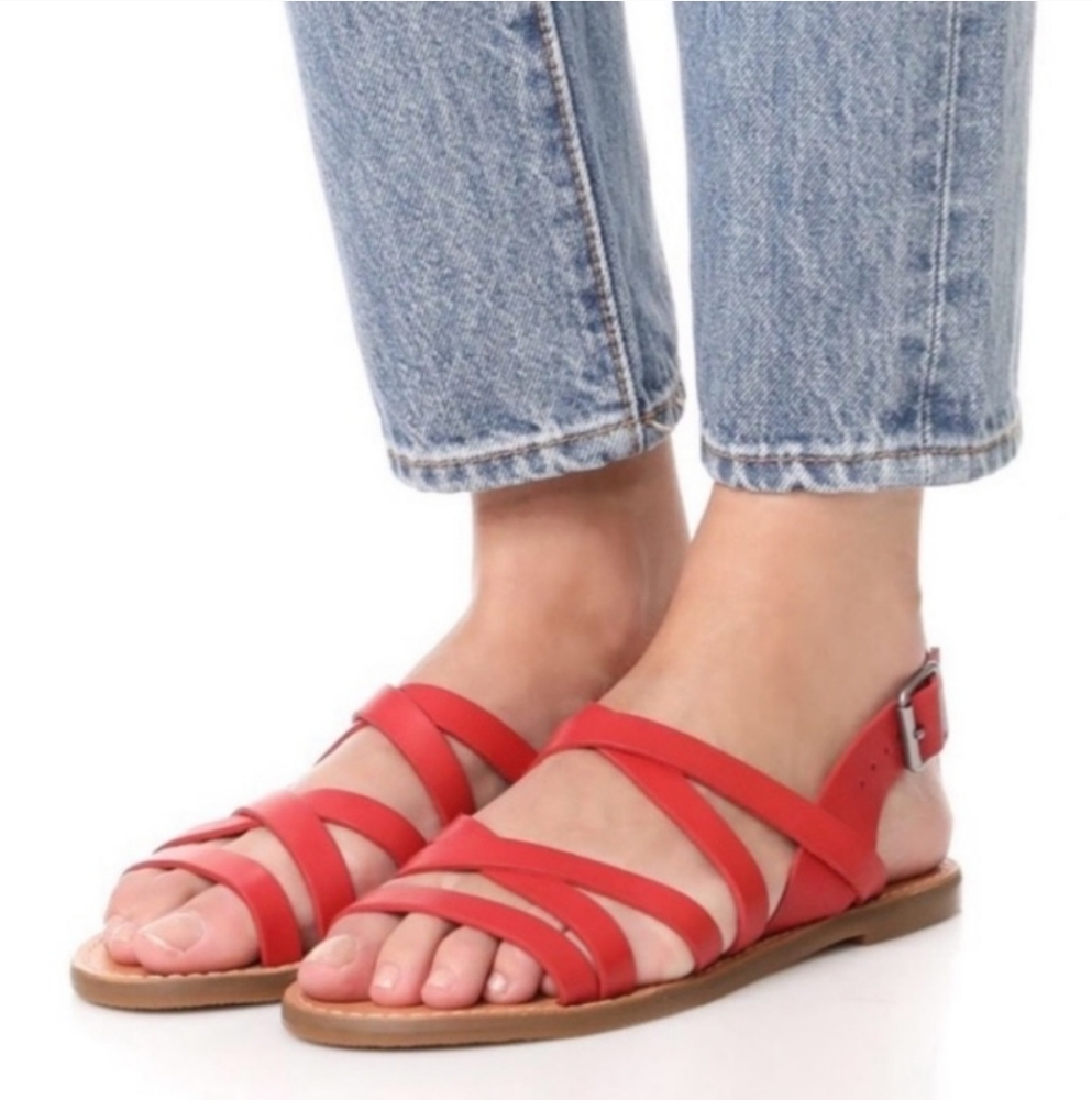 Madewell The Boardwalk Multi Strap Red Leather Buckle Flat Sandals size 10